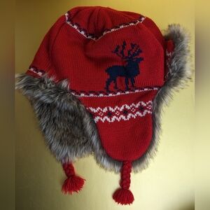 GapKids Large Moose Cap Red Knit with Faux Fur
